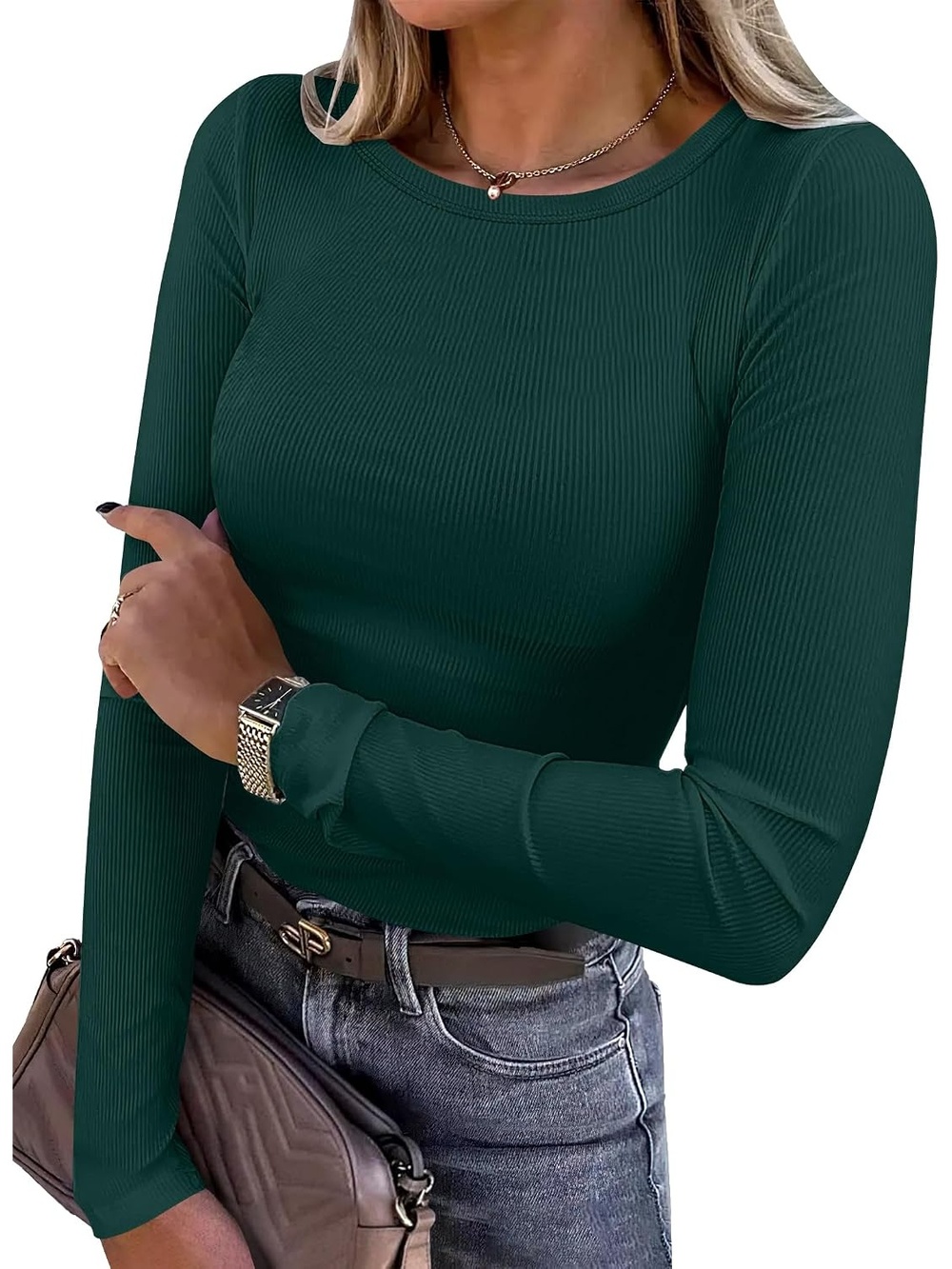 Women's Forest Green Slim Lightweight Knit Long Sleeve Shirts Ribbed Fitted Tops